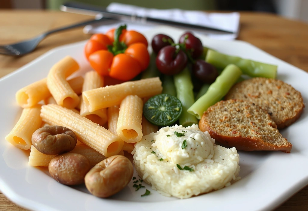 Ein Teller mit verschiedenen Kohlenhydratquellen wie Vollkornnudeln, Reis und Gemüse.